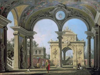 Capriccio di un arco trionfale visto attraverso un arco ornato, c.1750
